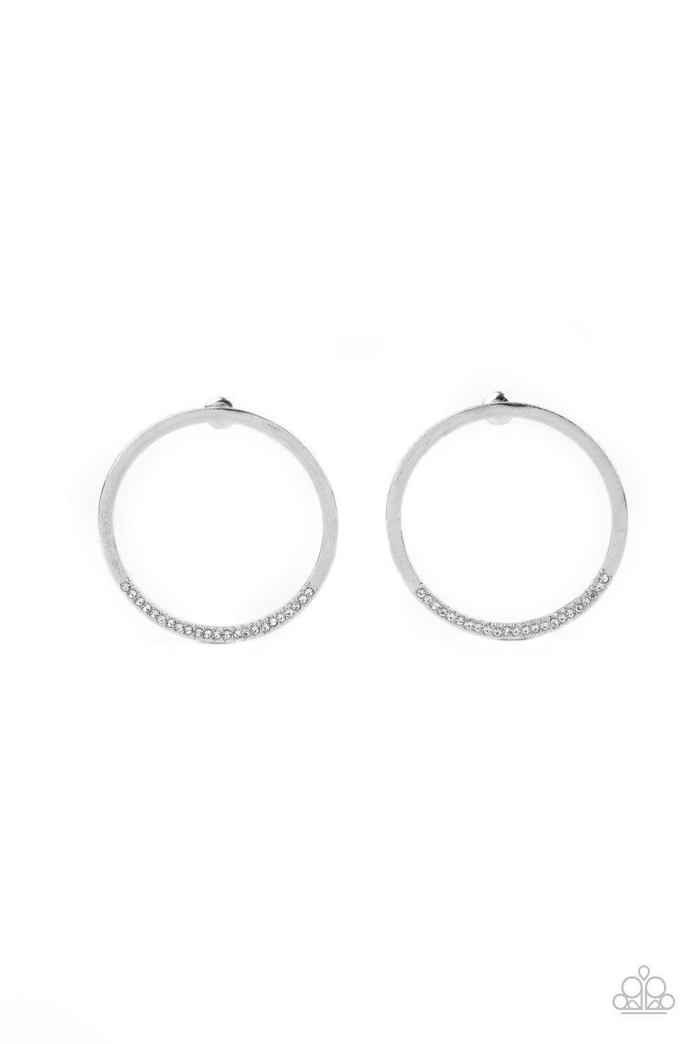 Spot On Opulence White Post Earring - Paparazzi Accessories As if dipped in glitter, the bottom of a flat silver hoop is encrusted in dainty white rhinestones for a classic shimmer. Earring attaches to a standard post fitting. All Paparazzi Accessories are lead free and nickel free! Sold as one pair of post earrings.