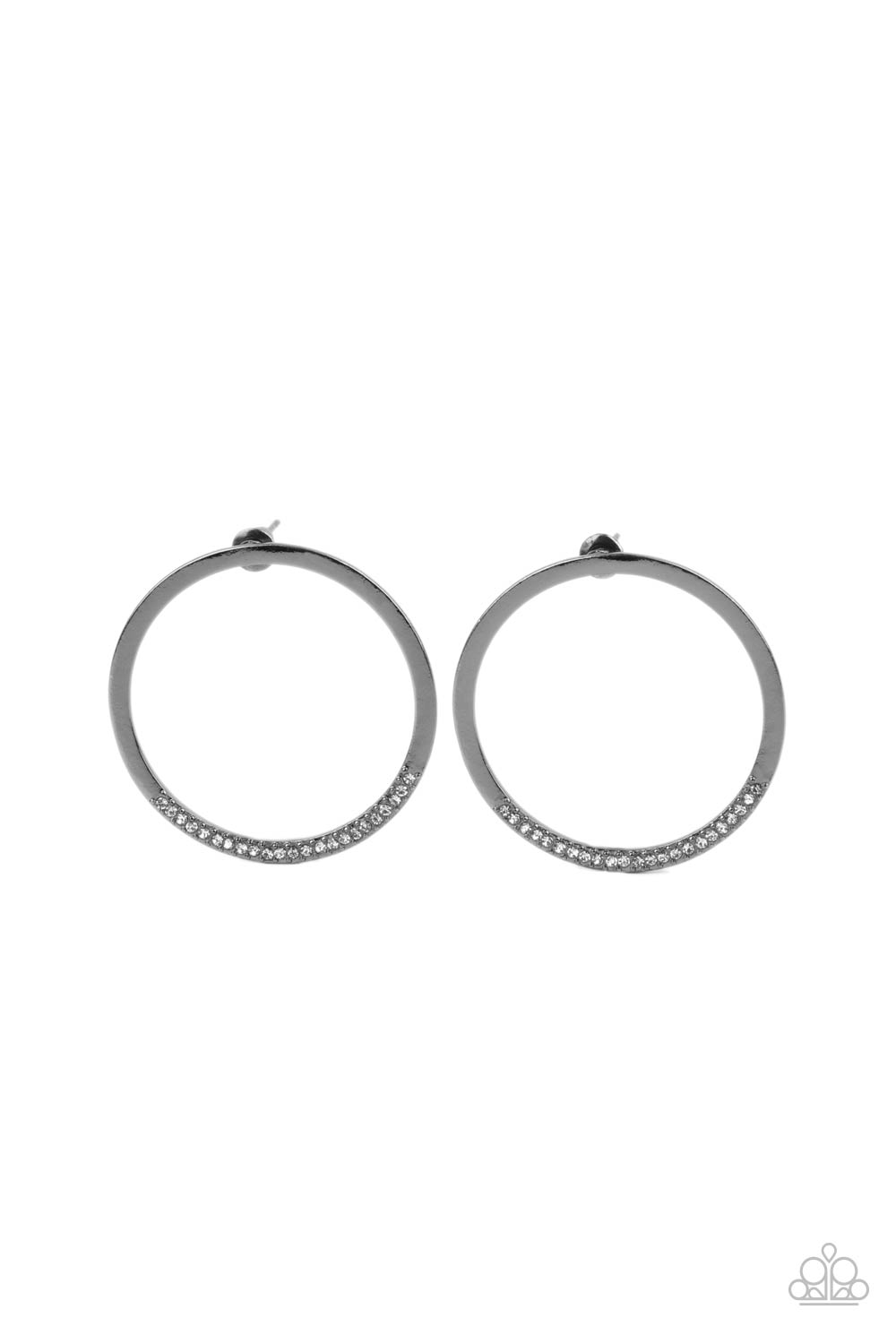 Spot On Opulence Black Post Earring - Paparazzi Accessories As if dipped in glitter, the bottom of a flat gunmetal hoop is encrusted in dainty white rhinestones for a classic shimmer. Earring attaches to a standard post fitting. All Paparazzi Accessories are lead free and nickel free! Sold as one pair of post earrings.
