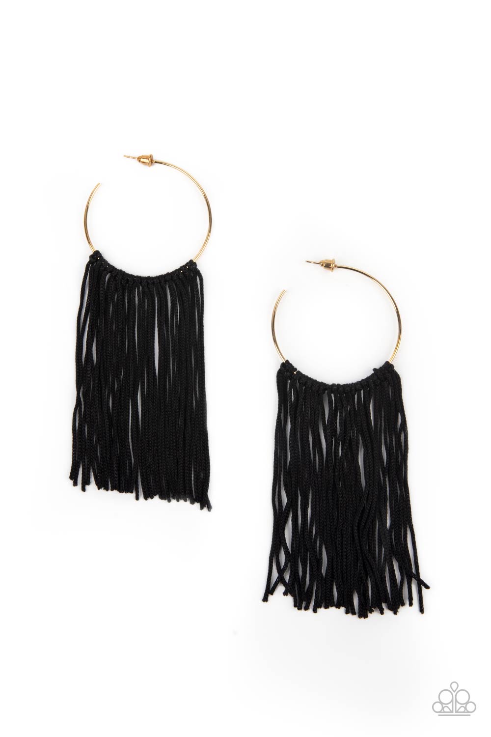 Flauntable Fringe Gold Hoop Earring - Paparazzi Accessories A curtain of black cords stream from the center of a dainty gold hoop, creating a glamorous fringe. Earring attaches to a standard post fitting. Hoop measures approximately 1 3/4" in diameter. All Paparazzi Accessories are lead free and nickel free! Sold as one pair of hoop earrings.