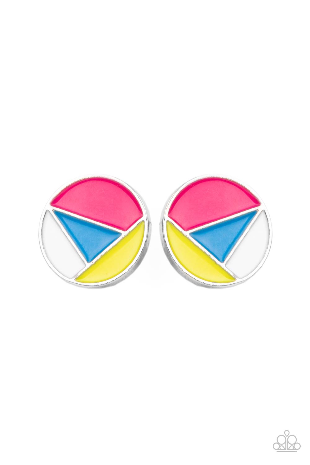 Artistic Expression Multi Post Earring - Paparazzi Accessories A dainty round frame is painted in pink, blue, yellow, and white geometric sections, creating an abstract display. Earring attaches to a standard post fitting. All Paparazzi Accessories are lead free and nickel free! Sold as one pair of post earrings.