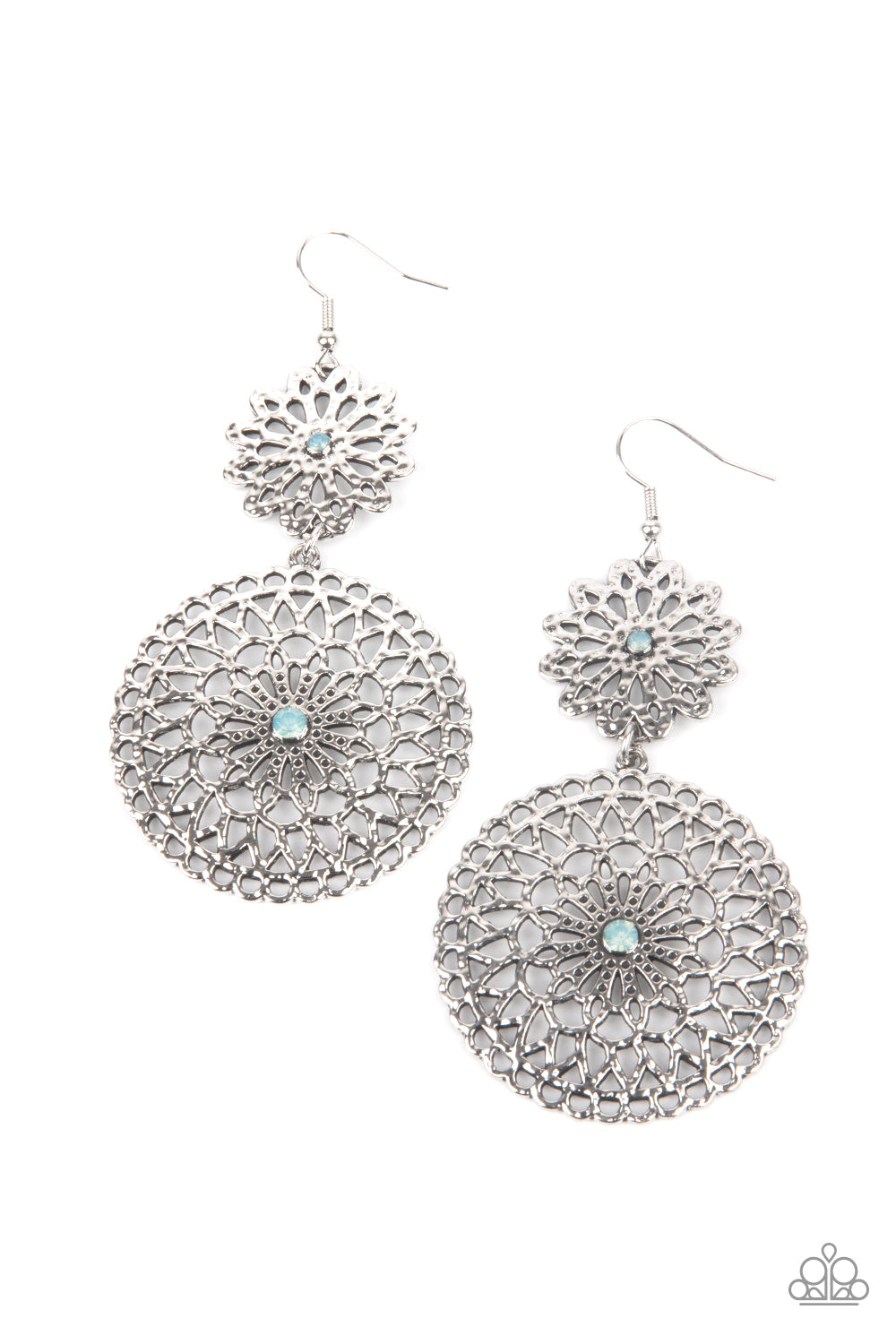 Garden Mantra Blue Earring - Paparazzi Accessories. Dotted with Cerulean opal rhinestone centers, a hammered silver floral frame links with an oversized silver mandala-like frame, creating a whimsical lure. Earring attaches to a standard fishhook fitting. All Paparazzi Accessories are lead free and nickel free! Sold as one pair of earrings.