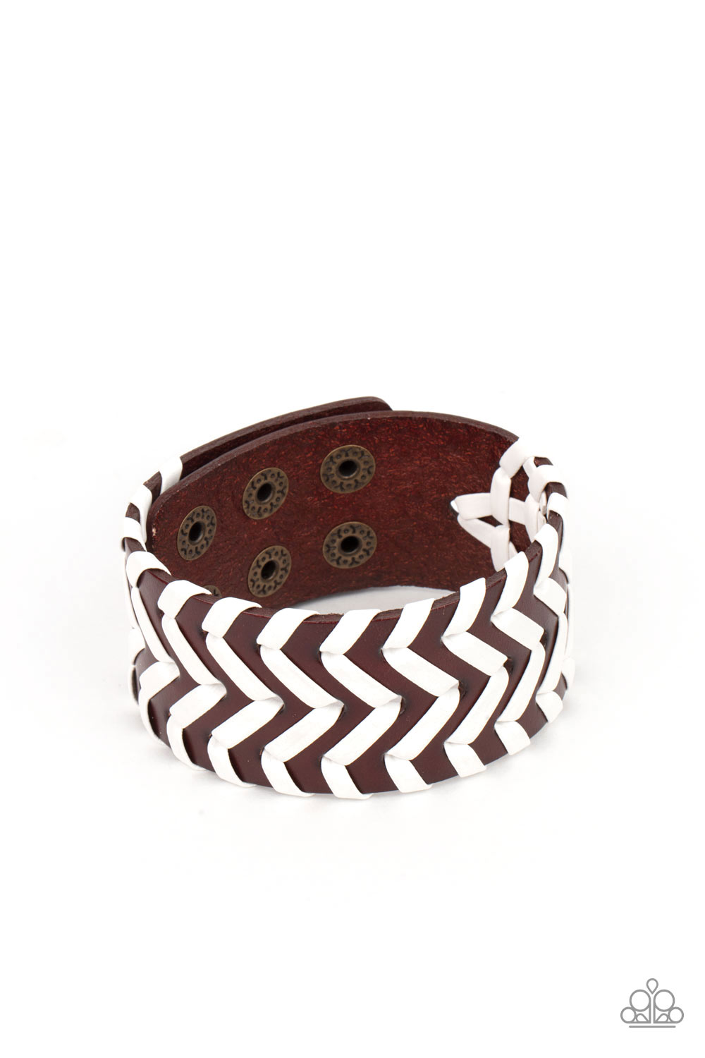 Biker Badlands Brown Urban Bracelet - Paparazzi Accessories. White leathery cording is laced across the front of a thick brown leather band, creating an edgy chevron-like pattern. Features an adjustable snap closure. All Paparazzi Accessories are lead free and nickel free! Sold as one individual bracelet.