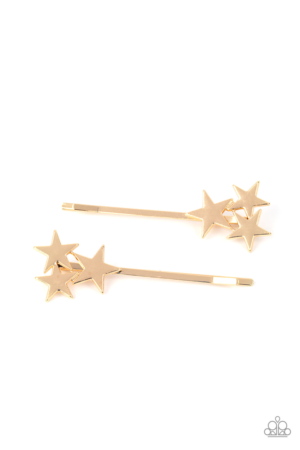 Suddenly Starstruck Gold Hair Clip - Paparazzi Accessories A trio of glistening gold stars cluster at the corner of a classic gold bobby pin for a stellar look. All Paparazzi Accessories are lead free and nickel free! Sold as one pair of decorative bobby pins.