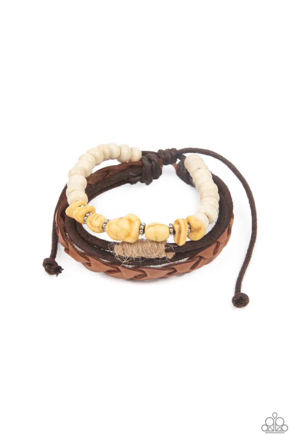 Far Out Wayfair Yellow Urban Bracelet - Paparazzi Accessories Mismatched strands of brown suede, braided brown leather, and yellow stones and white wooden beads layer across the wrist for a colorful seasonal look. Features an adjustable sliding knot closure. Sold as one individual bracelet.