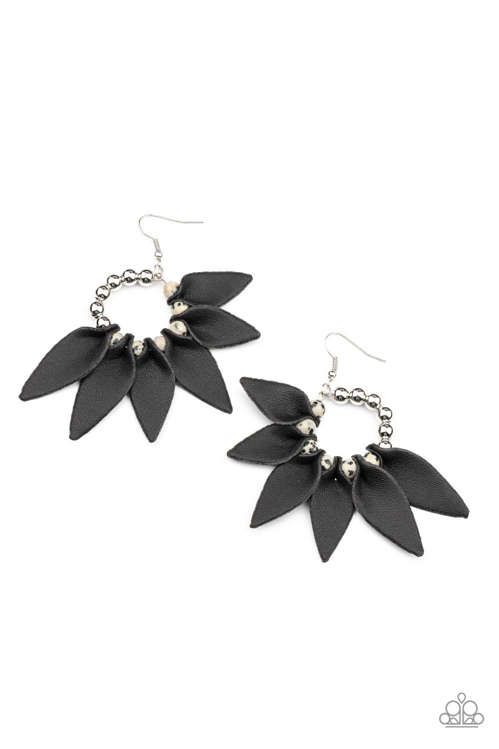 Flower Child Fever Black Earring - Paparazzi Accessories Infused with a row of shiny silver beads, black leather petals are separated by black dotted white stones along a dainty silver hoop, creating a wild fringe. Earring attaches to a standard fishhook fitting. All Paparazzi Accessories are lead free and nickel free! Sold as one pair of earrings.