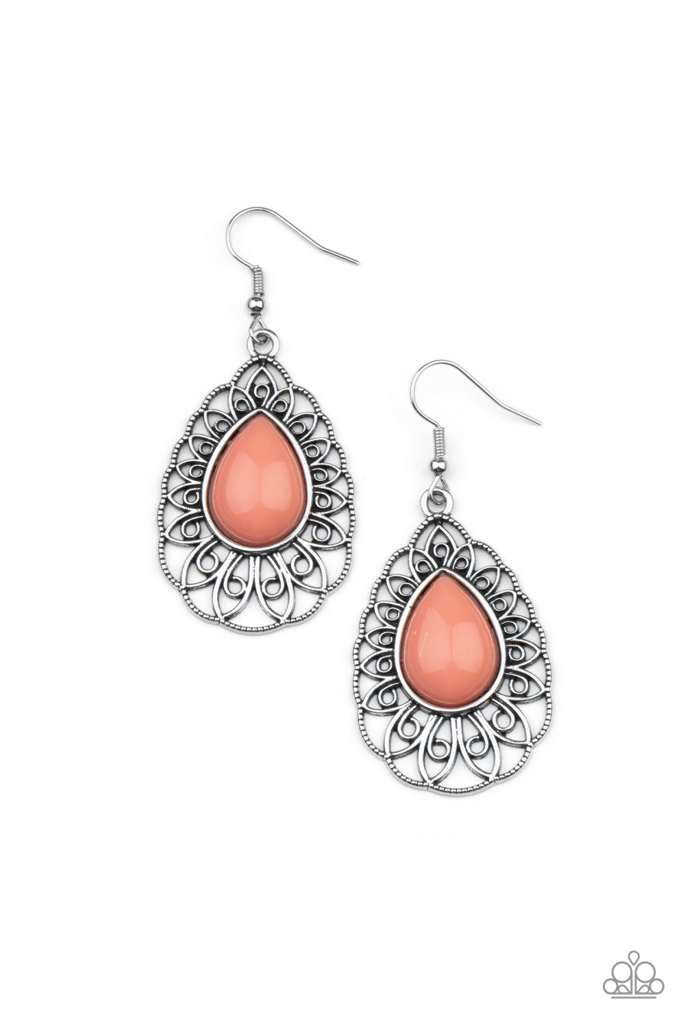 Dream STAYCATION Orange Earring - Paparazzi Accessories A shiny Burnt Coral teardrop bead is pressed into the center of an airy silver teardrop frame radiating with ornate petals for a whimsical finesse. Earring attaches to a standard fishhook fitting. All Paparazzi Accessories are lead free and nickel free! Sold as one pair of earrings.