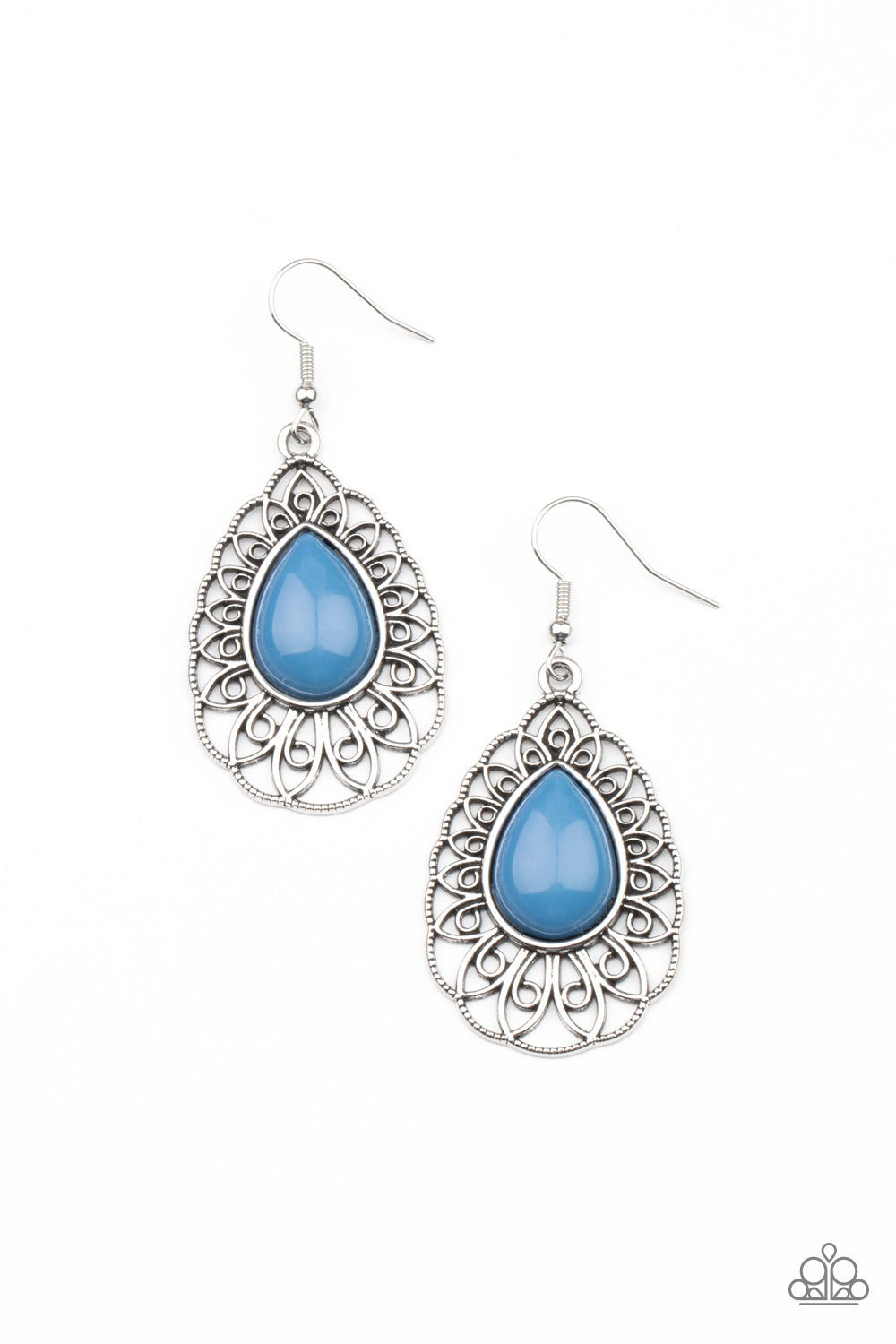 Dream STAYCATION Blue Earring - Paparazzi Accessories. A shiny French Blue teardrop bead is pressed into the center of an airy silver teardrop frame radiating with ornate petals for a whimsical finesse. Earring attaches to a standard fishhook fitting. All Paparazzi Accessories are lead free and nickel free! Sold as one pair of earrings.