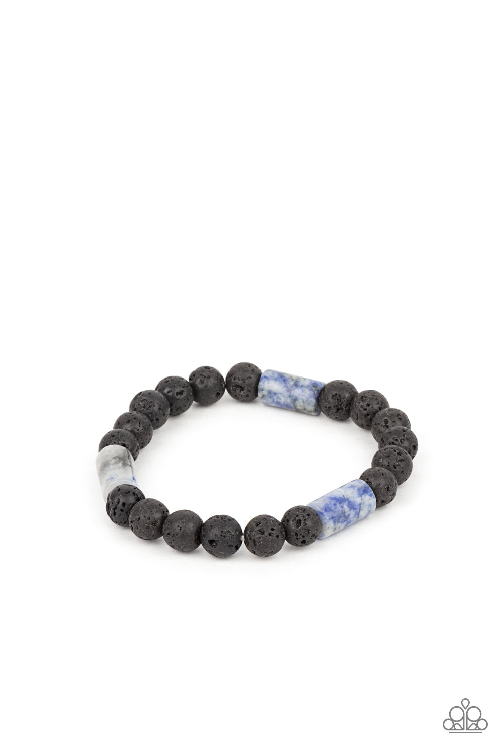 Earthy Energy Blue Urban Bracelet - Paparazzi Accessories. Refreshing blue stone accents and black lava rock beads are threaded along a stretchy band around the wrist, creating a colorful seasonal display around the wrist. All Paparazzi Accessories are lead free and nickel free! Sold as one individual bracelet.