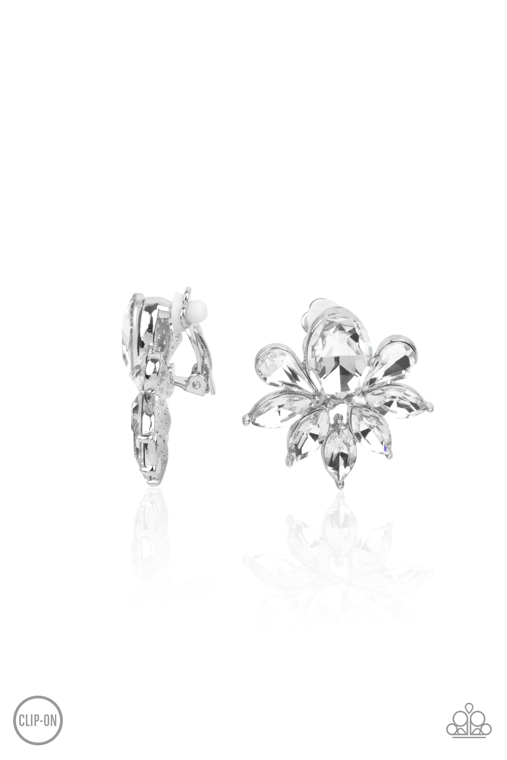 Fearless Finesse White Clip-On Earring - Paparazzi Accessories A glassy collection of white teardrop and marquise cut rhinestones fan out from the bottom of an oval white gem, creating a majestic centerpiece. Earring attaches to a standard clip-on earring. All Paparazzi Accessories are lead free and nickel free! Sold as one pair of clip-on earrings.