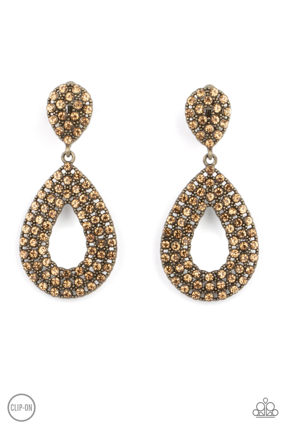Pack In The Pizzazz Brass Clip-On Earring - Paparazzi Accessories A topaz rhinestone encrusted silhouette teardrop attaches to the bottom of a dainty topaz rhinestone encrusted teardrop, creating a glamorous lure. Earring attaches to a standard clip-on fitting. All Paparazzi Accessories are lead free and nickel free! Sold as one pair of clip-on earrings.