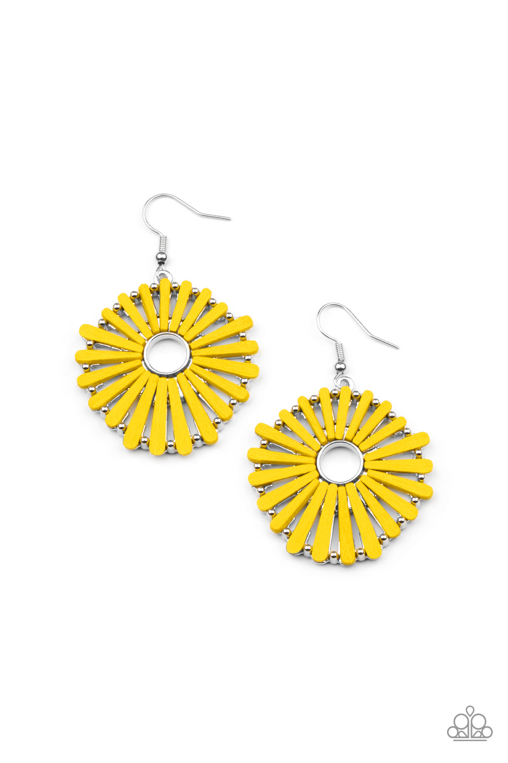 SPOKE Too Soon Yellow Wooden Earring - Paparazzi Accessories Painted in a sunny yellow finish, petal-like wooden frames asymmetrically flare out from an airy silver center, creating a rustic floral display. Earring attaches to a standard fishhook fitting. All Paparazzi Accessories are lead free and nickel free! Sold as one pair of earrings.
