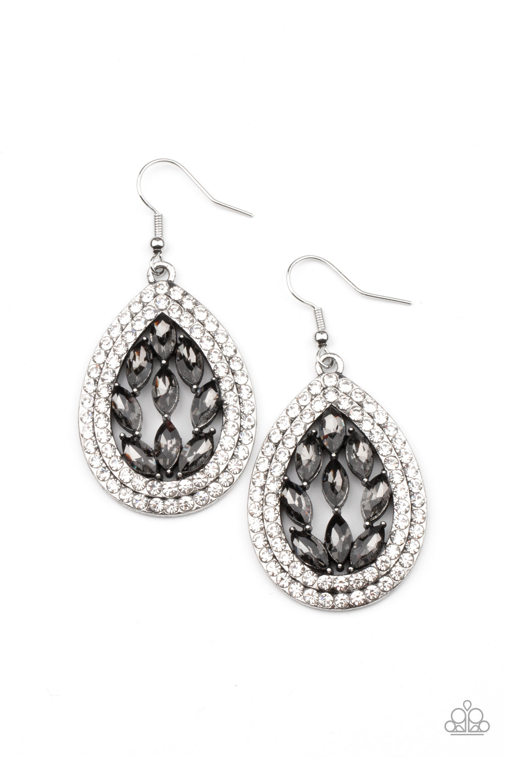 Encased Elegance Silver Earring - Paparazzi Accessories Smoky marquise cut rhinestones collect inside two borders of glassy white rhinestones, coalescing into a sparkly teardrop. Earring attaches to a standard fishhook fitting. All Paparazzi Accessories are lead free and nickel free! Sold as one pair of earrings.