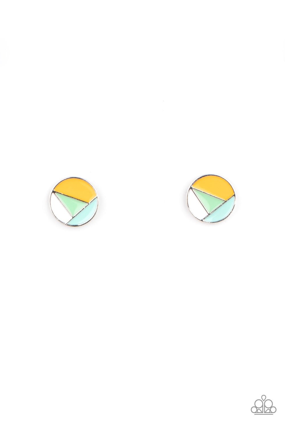 Artistic Expression Multi Post Earring - Paparazzi Accessories. A dainty round frame is painted in Green Ash, Cerulean, Marigold, and white geometric sections, creating an abstract display. Earring attaches to a standard post fitting. All Paparazzi Accessories are lead free and nickel free! Sold as one pair of post earrings.