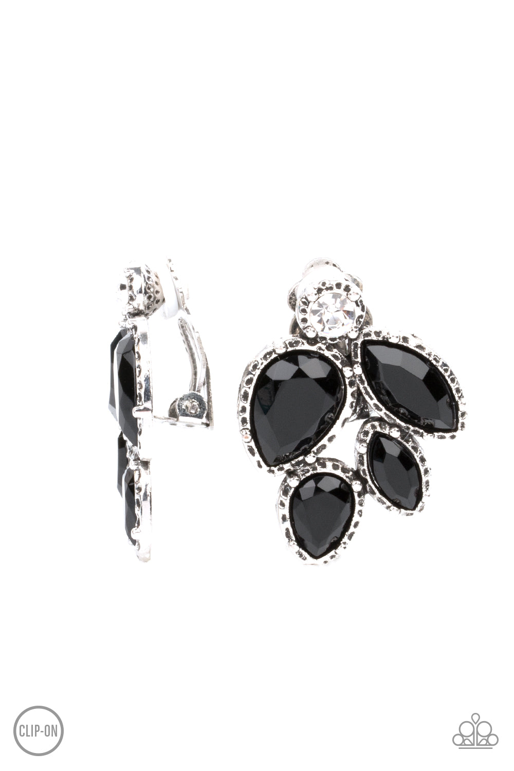 Fancy Foliage Black Clip-On Earring - Paparazzi Accessories. Featuring a dainty white rhinestone, faceted black teardrop and marquise beads are pressed into hammered silver fittings that coalesce into a leafy frame. Earring attaches to a standard clip-on fitting. All Paparazzi Accessories are lead free and nickel free! Sold as one pair of clip-on earrings.