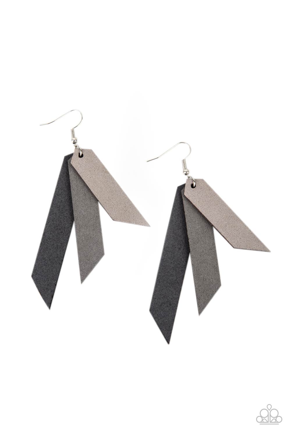 Suede Shade Silver Earring - Paparazzi Accessories Featuring angled edges, an ombre of gray suede leather frames layer into a tapered tassel for an earthy effect. Earring attaches to a standard fishhook fitting. All Paparazzi Accessories are lead free and nickel free! Sold as one pair of earrings.