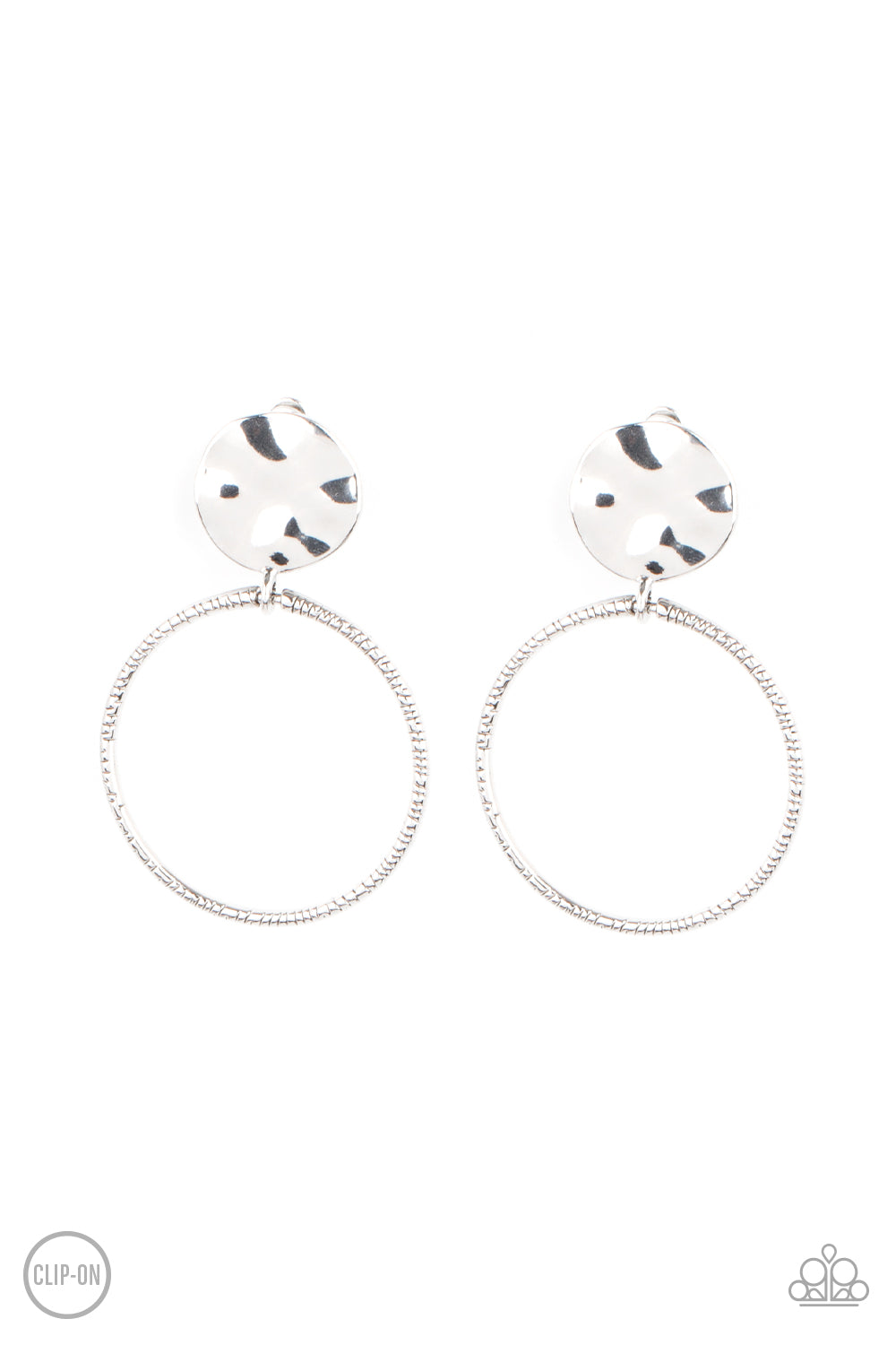 Undeniably Urban Silver Clip-On Earring - Paparazzi Accessories A textured silver hoop attaches to a hammered silver disc, creating an edgy hoop. Earring attaches to a standard clip-on fitting. All Paparazzi Accessories are lead free and nickel free! Sold as one pair of clip-on earrings.