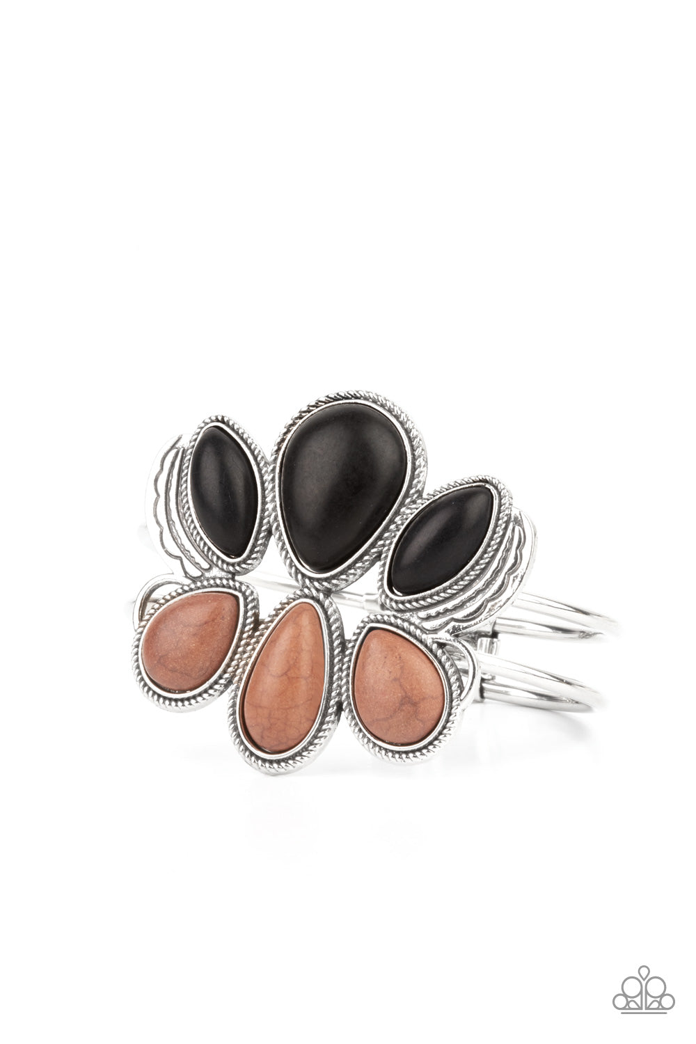 Botanical Badlands Multi Bracelet - Paparazzi Accessories Encased in antiqued silver rope-like frames, a colorful collection of black and brown stone teardrops stack into a rustic centerpiece atop a layered silver cuff. Features an adjustable hinged closure. All Paparazzi Accessories are lead free and nickel free! Sold as one individual bracelet.