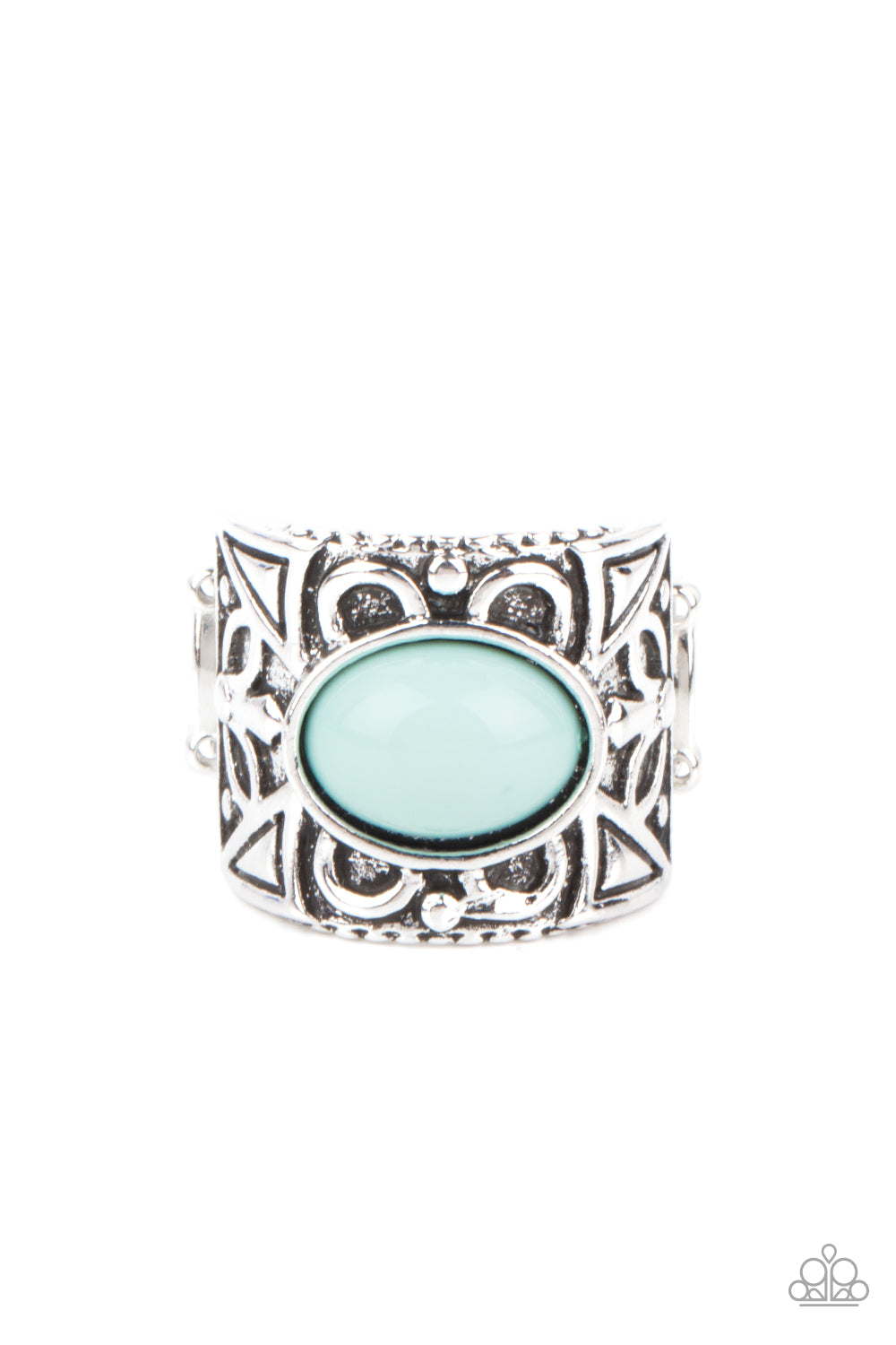 Bubbly Bonanza Blue Ring - Paparazzi Accessories A bubbly blue bead is pressed into the center of a thick silver frame embossed in a leafy geometric pattern, creating a colorfully whimsical centerpiece. Features a stretchy band for a flexible fit. All Paparazzi Accessories are lead free and nickel free! Sold as one individual ring.