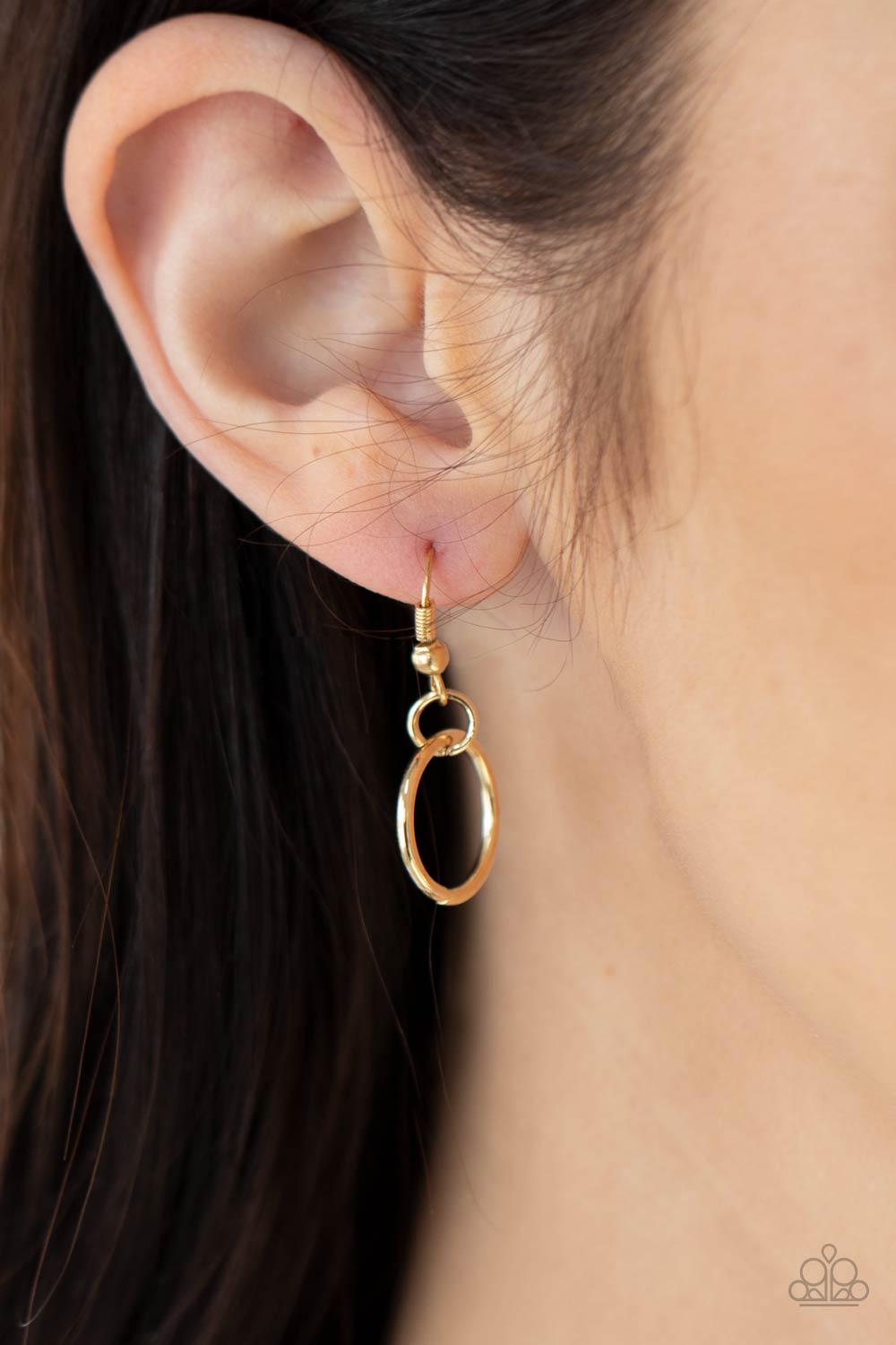 RING to Reason Gold Necklace - Paparazzi Accessories. A seemingly infinite collection of dainty gold rings are knotted in place along three black cords, creating edgy layers across the chest. Features an adjustable clasp closure. All Paparazzi Accessories are lead free and nickel free! Sold as one individual necklace. Includes one pair of matching earrings.