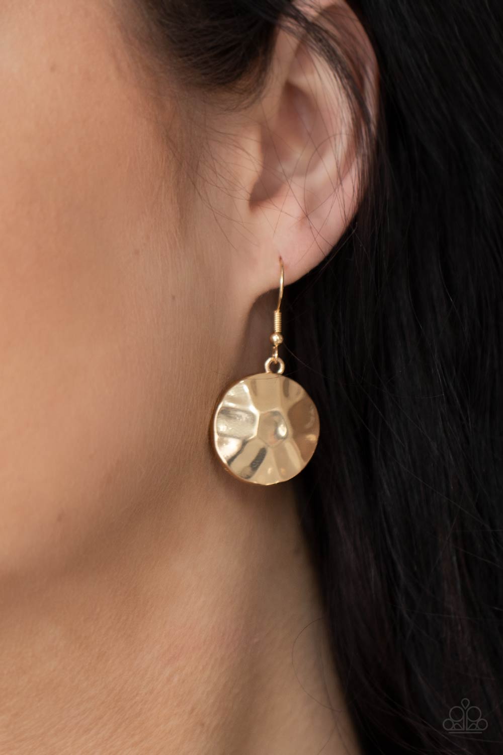 Token Treasure Gold Necklace - Paparazzi Accessories Featuring a hammered finish, a collection of glistening gold discs delicately connect into a netted pendant at the bottom of knotted black cords for a statement-making look. Features an adjustable clasp closure. All Paparazzi Accessories are lead free and nickel free! Sold as one individual necklace. Includes one pair of matching earrings.