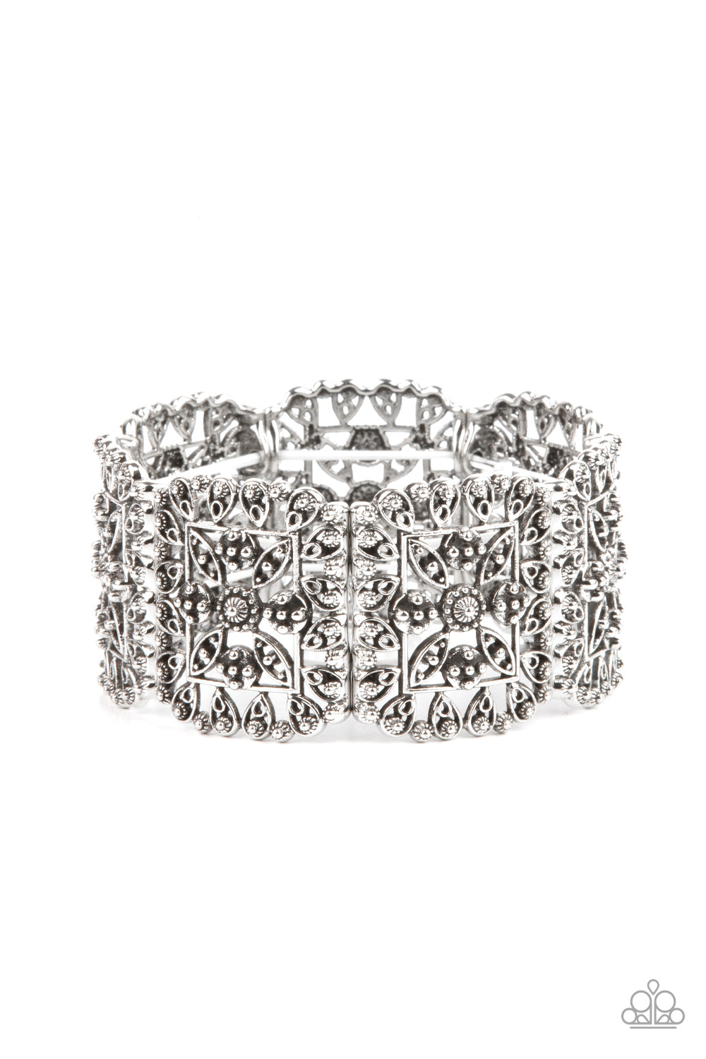 Enchanted Vineyards Silver Bracelet - Paparazzi Accessories. Ornately studded leafy filigree delicately gathers into airy silver square frames that are threaded along stretchy bands around the wrist, creating a vintage inspired look. All Paparazzi Accessories are lead free and nickel free! Sold as one individual bracelet.