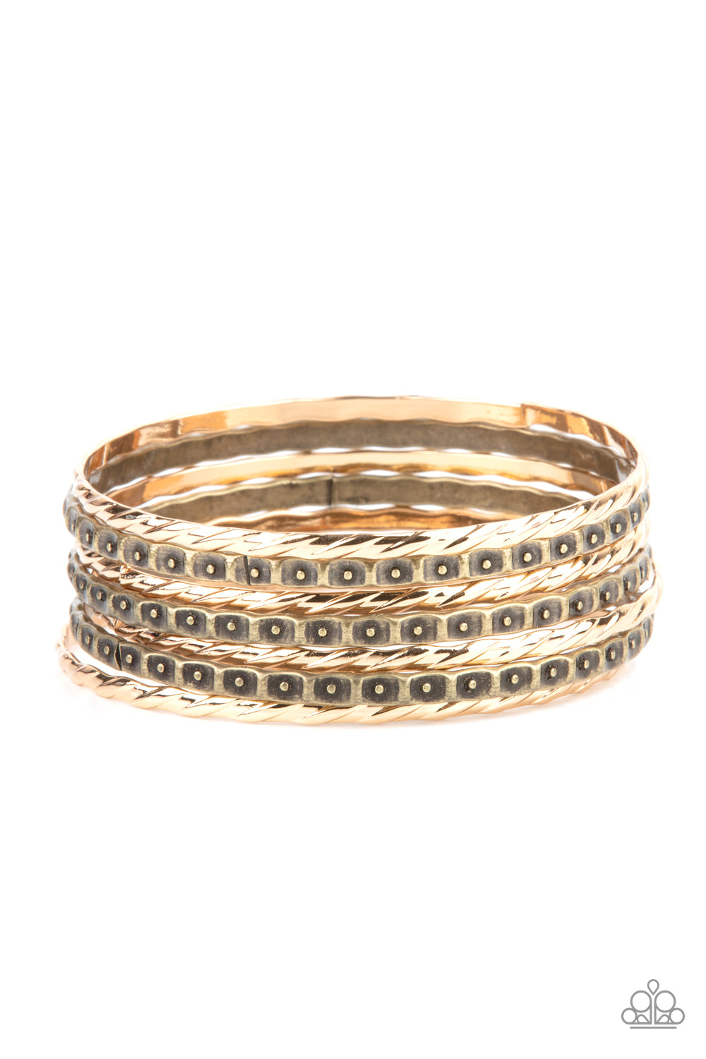 Back-To-Back Stacks Multi Bracelet - Paparazzi Accessories Embossed in slanted ribbons of textured and studded hammered patterns, trios of mismatched brass and gold bangles stack across the wrist for an intense industrial vibe. Sold as one set of six bracelets.