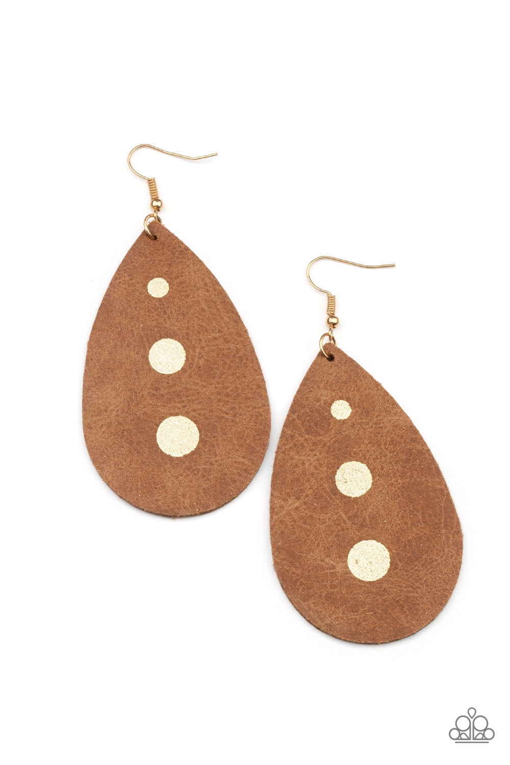 Rustic Torrent Gold Earring - Paparazzi Accessories The front of a distressed leather teardrop frame is adorned into three glistening gold paint drops, creating a rustic elegance. Earring attaches to a standard fishhook fitting. All Paparazzi Accessories are lead free and nickel free! Sold as one pair of earrings.