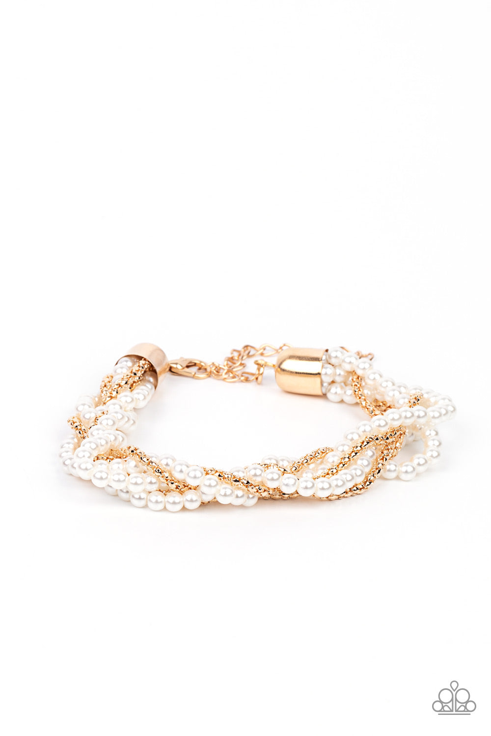 Vintage Variation Gold Pearl Bracelet - Paparazzi Accessories Capped in gold fittings, strands of bubbly white pearls and dainty gold popcorn chains delicately weave around the wrist, creating an elegantly effervescent display. Features an adjustable clasp closure. All Paparazzi Accessories are lead free and nickel free! Sold as one individual bracelet. Get The Complete Look! Necklace: "Vintage Variation - Gold" (Sold Separately)