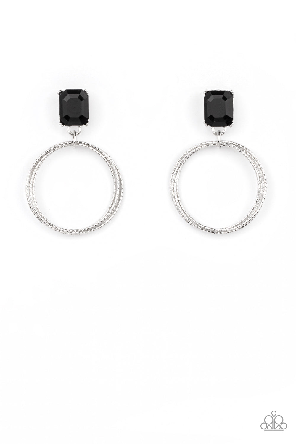 Prismatic Perfection Black Earring - Paparazzi Accessories Encased in a pronged silver setting, a black emerald cut rhinestone links with a trio of textured silver rings, creating a romantic lure. Earring attaches to a standard post fitting. All Paparazzi Accessories are lead free and nickel free! Sold as one pair of post earrings.