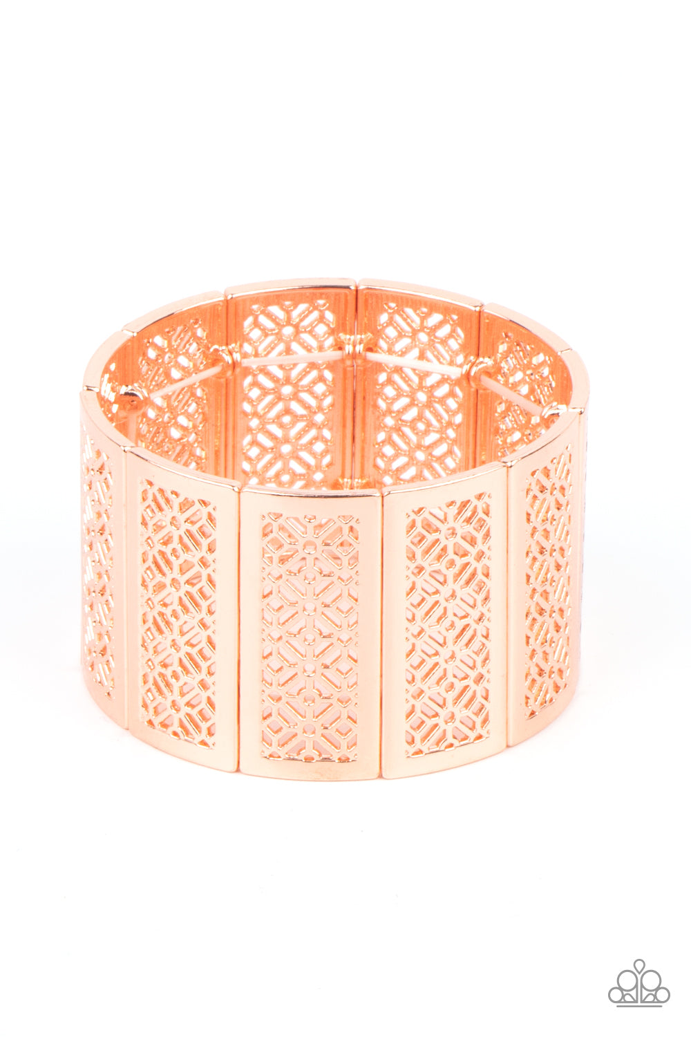 Thai Terrariums Shiny Copper Stretch Bracelet - Paparazzi Accessories. Filled with airy stenciled floral patterns, rectangular shiny copper frames are threaded along stretchy bands around the wrist, creating a whimsical centerpiece. All Paparazzi Accessories are lead free and nickel free! Sold as one individual bracelet.