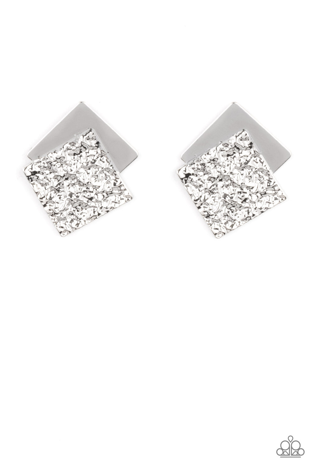 Square With Style Silver Post Earring - Paparazzi Accessories. Embossed in gritty textures, a rough silver square overlaps a plain silver square, creating a stacked frame. Earring attaches to a standard post fitting. All Paparazzi Accessories are lead free and nickel free! Sold as one pair of post earrings.