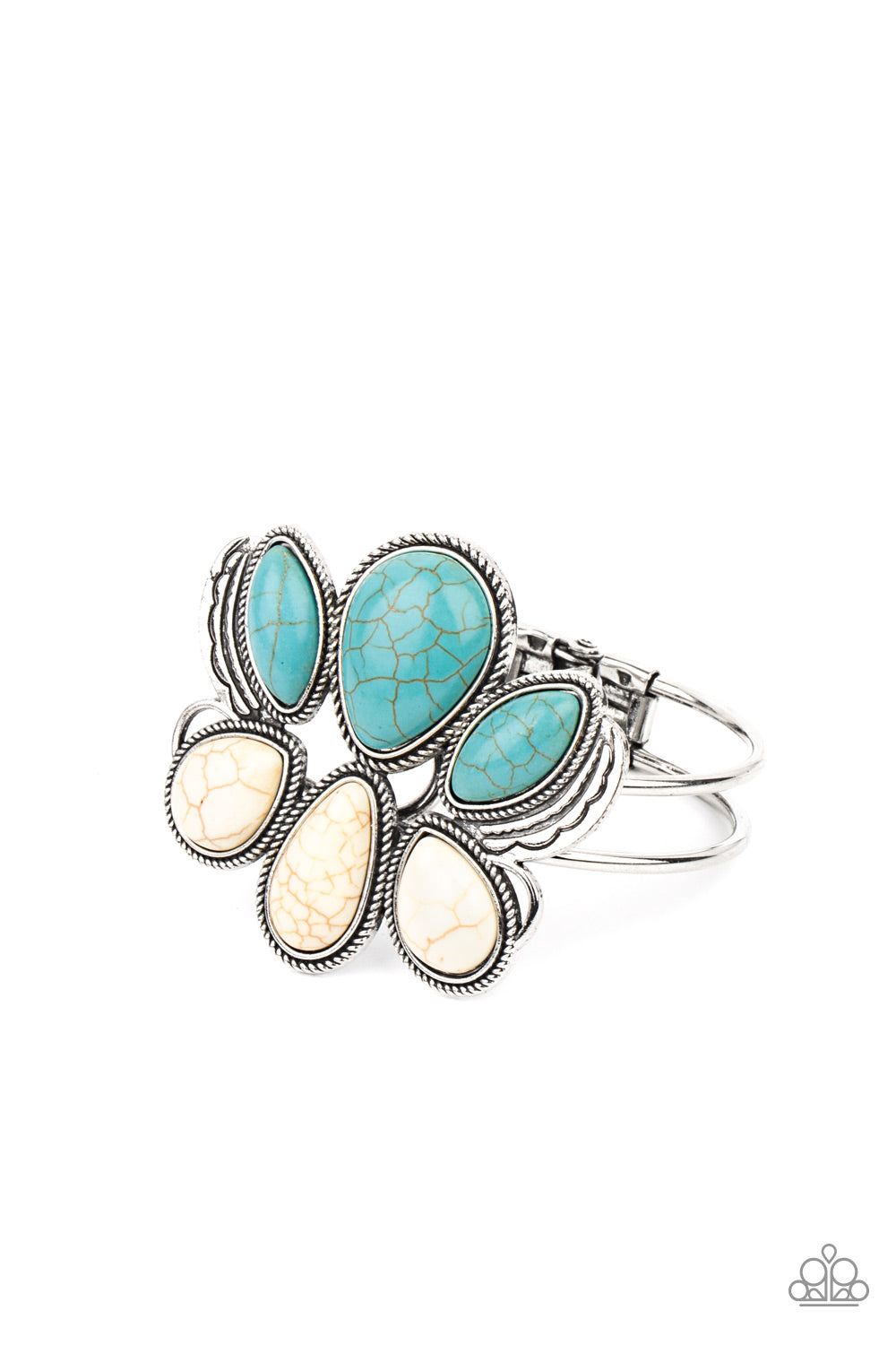 Botanical Badlands White Cuff Bracelet - Paparazzi Accessories Encased in rope-like silver accents, a series of oversized oval and teardrop turquoise and white stone frames stack into a lotus-like floral frame atop a layered silver cuff. Features a hinged closure. All Paparazzi Accessories are lead free and nickel free! Sold as one individual bracelet.