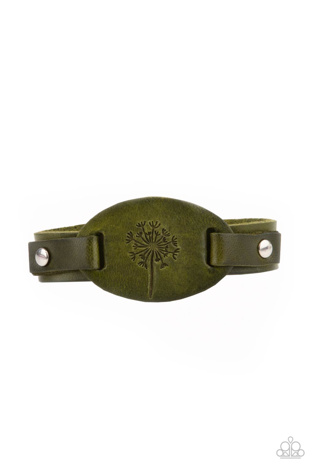 All Fine and DANDELION Green Urban Bracelet - Paparazzi Accessories Stamped in a rustic dandelion decoration, a piece of green leather is studded in place across the front of a distressed leather band for a whimsically southern look. Features an adjustable sliding knot closure. All Paparazzi Accessories are lead free and nickel free! Sold as one individual bracelet.