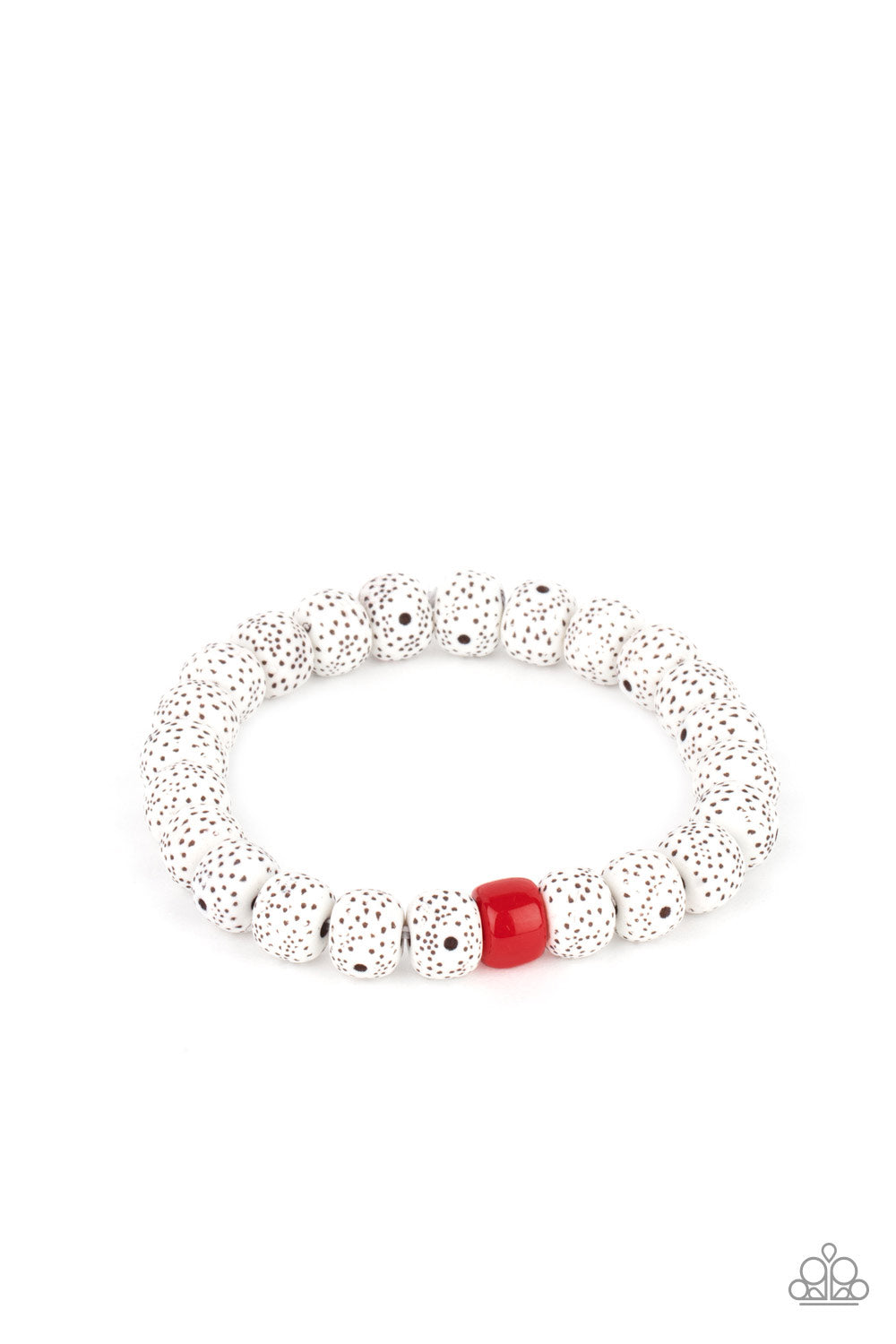 ZEN Second Rule Red Urban Bracelet - Paparazzi Accessories Featuring a fiery red beaded centerpiece, a collection of dotted faux stone beads are threaded along a stretchy band around the wrist for an earthy effect. All Paparazzi Accessories are lead free and nickel free! Sold as one individual bracelet.