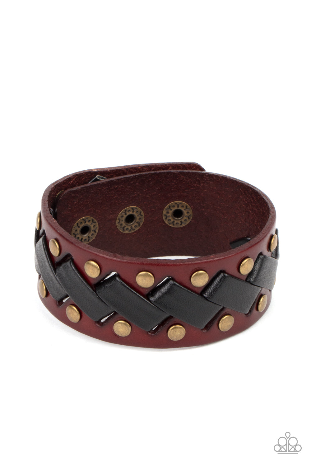 LACES Loaded Brass Urban Wrap Bracelet - Paparazzi Accessories Thick black leather laces zigzag across the front brass studded brown leather band, creating a rustic display around the wrist. Features an adjustable snap closure. All Paparazzi Accessories are lead free and nickel free! Sold as one individual bracelet.