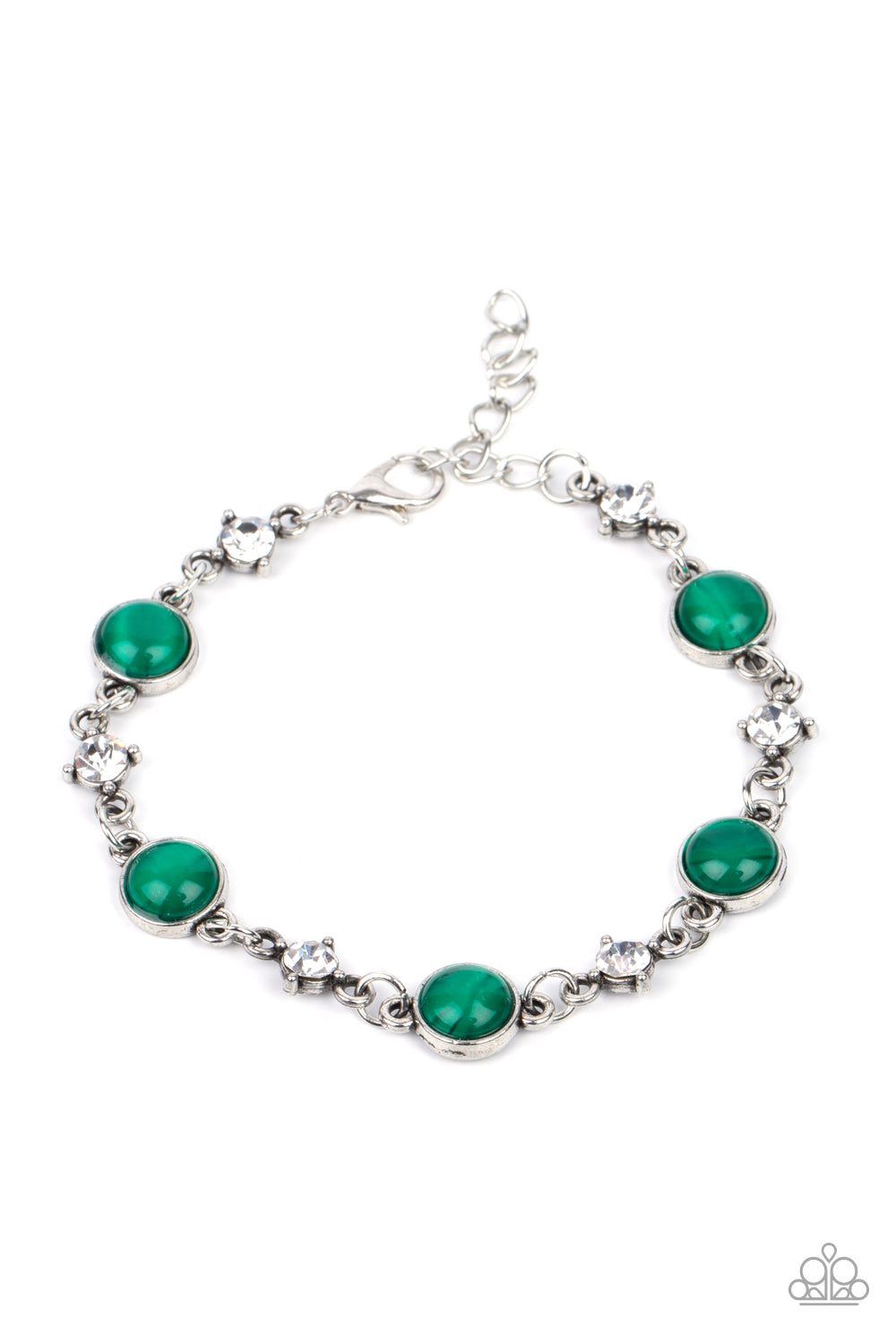 Use Your ILLUMINATION Green Bracelet - Paparazzi Accessories Encased in antiqued silver fittings, dainty white rhinestones and glowing Mint cat's eye stones delicately link around the wrist for a timeless finish. Features an adjustable clasp closure. Sold as one individual bracelet. Get The Complete Look! Necklace: "Inner Illumination - Green" (Sold Separately)