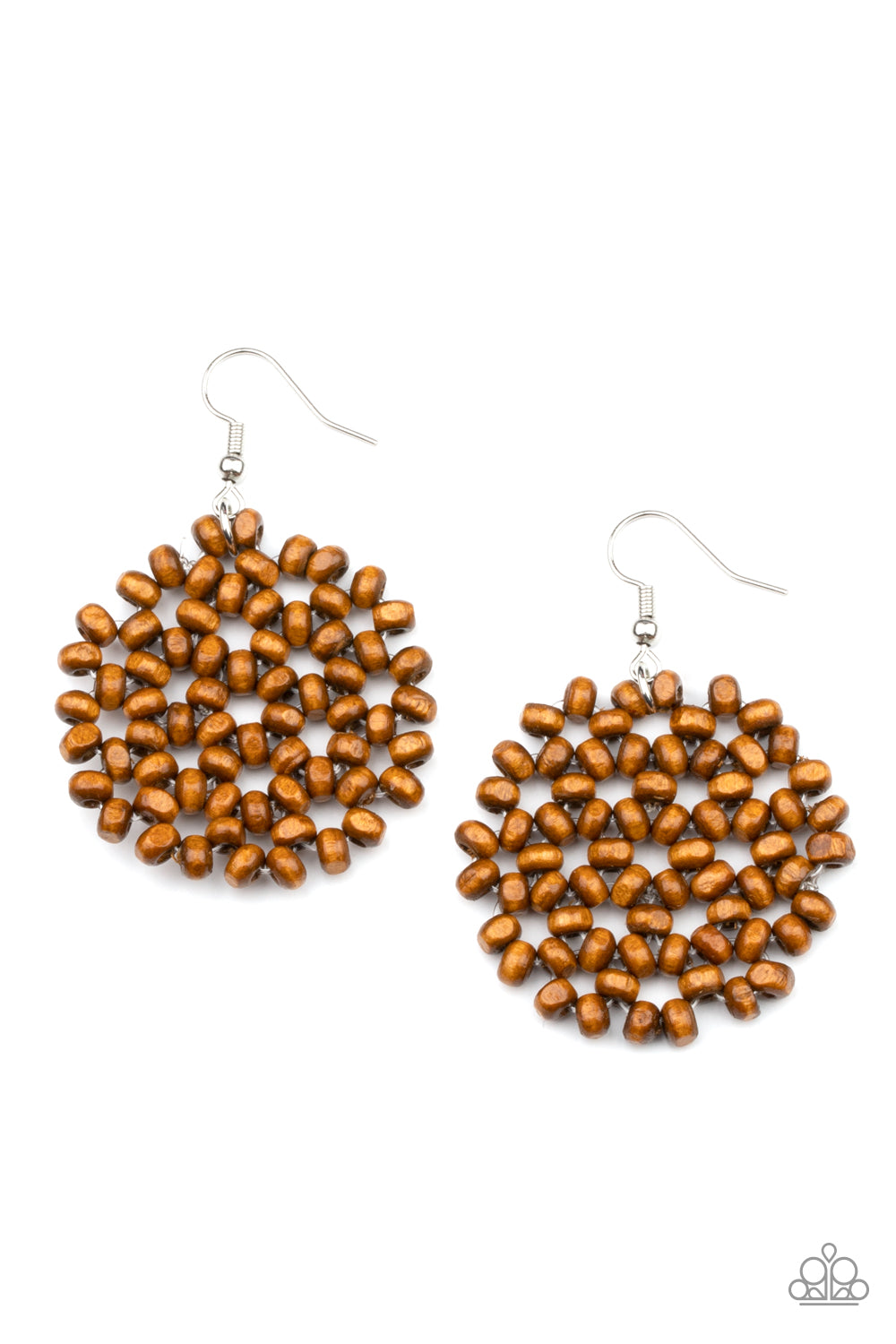 Summer Escapade Brown Wooden Earring - Paparazzi Accessories Clusters of dainty brown wooden beads are threaded along invisible wires, creating a vivacious floral pattern frame for a summery flair. Earring attaches to a standard fishhook fitting. All Paparazzi Accessories are lead free and nickel free! Sold as one pair of earrings.
