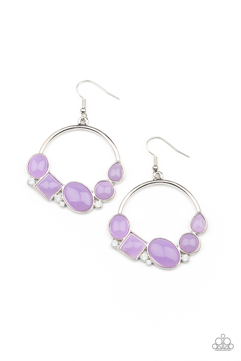 Beautifully Bubblicious Purple Earring - Paparazzi Accessories. Dainty opalescent white rhinestones are sprinkled between dewy oval, square, and circular purple beads along the bottom of a silver hoop, creating a bubbly pop of color. Earring attaches to a standard fishhook fitting. All Paparazzi Accessories are lead free and nickel free! Sold as one pair of earrings.
