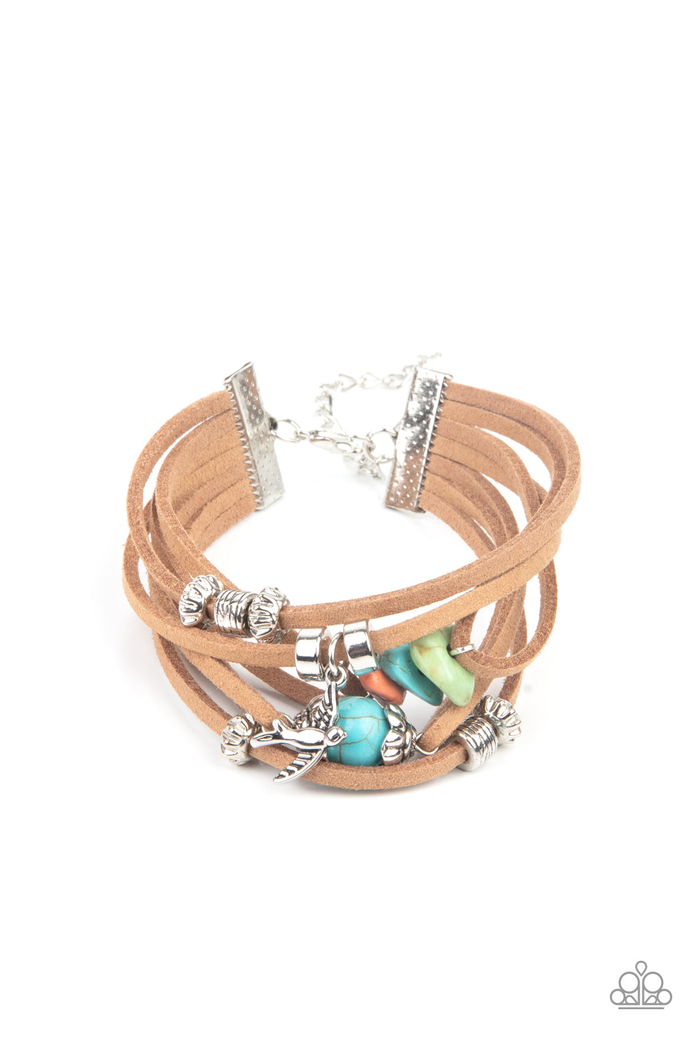 Canyon Flight Multi Urban Bracelet - Paparazzi Accessories Infused with a dainty silver bird charm, dainty strands of brown suede are adorned in mismatched silver accents and multicolored stones for a colorfully layered look. Features an adjustable clasp closure. All Paparazzi Accessories are lead free and nickel free! Sold as one individual bracelet.