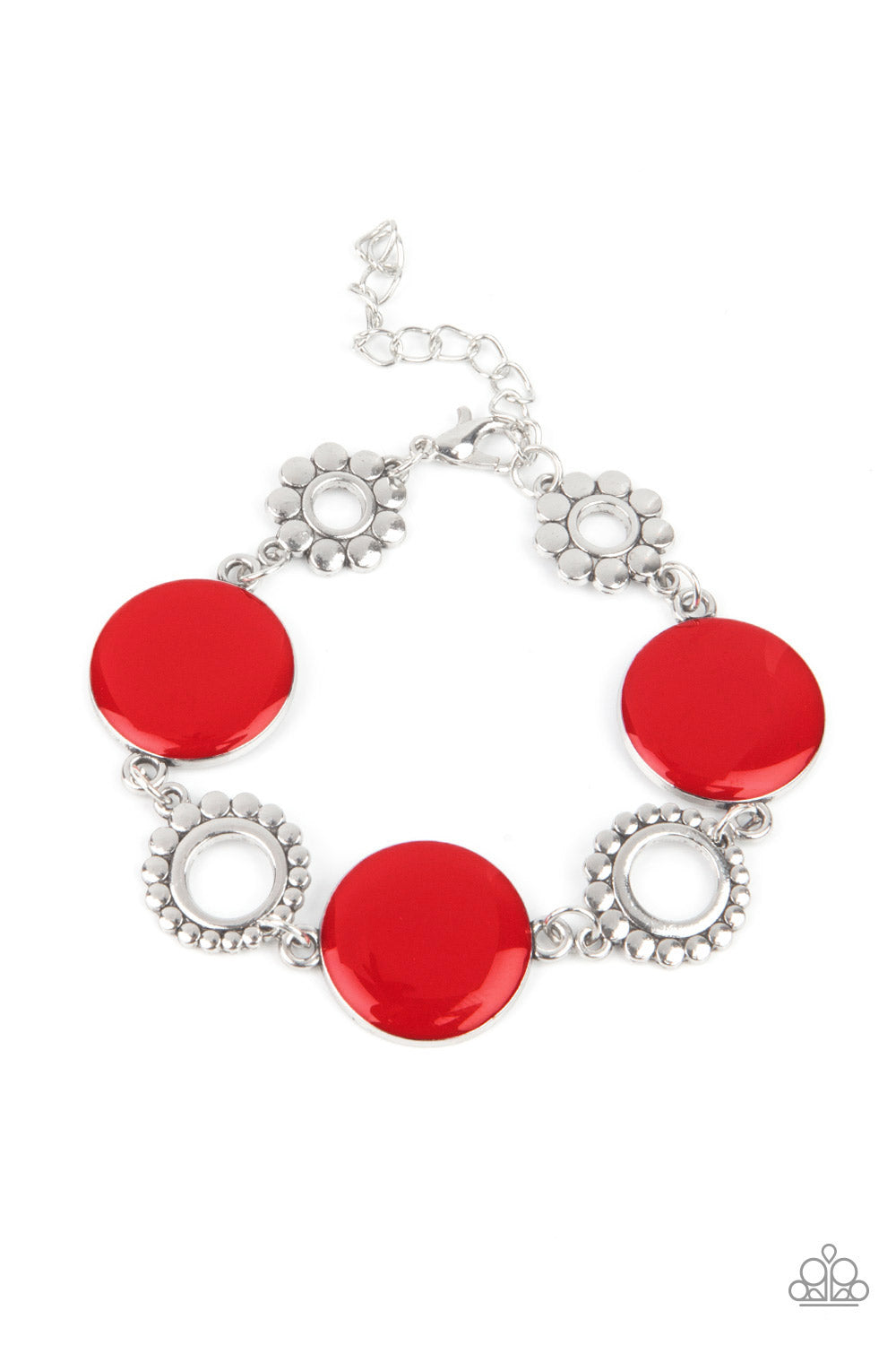 Garden Regalia Red Bracelet - Paparazzi Accessories Featuring shiny red accents, studded silver circles and shimmery silver floral accents link around the wrist for a colorful display. Features an adjustable clasp closure. All Paparazzi Accessories are lead free and nickel free! Sold as one individual bracelet.