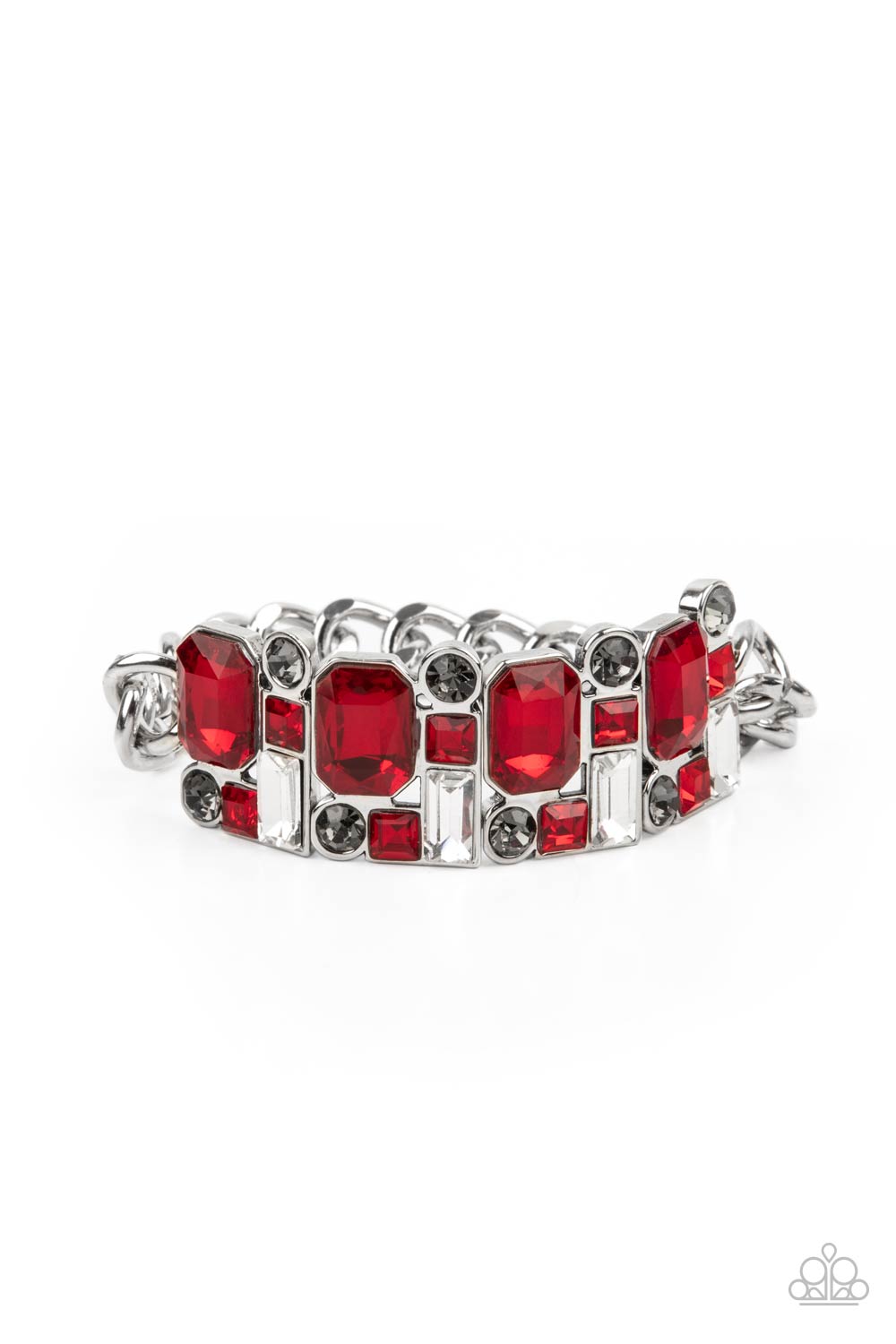 Urban Crest Red Bracelet - Paparazzi Accessories A mismatched collision of red, smoky, and white rhinestone encrusted frames are threaded along a stretchy band that attaches to a chunky strand of silver chain, creating jaw-dropping dazzle across the front of the wrist. All Paparazzi Accessories are lead free and nickel free! Sold as one individual bracelet.