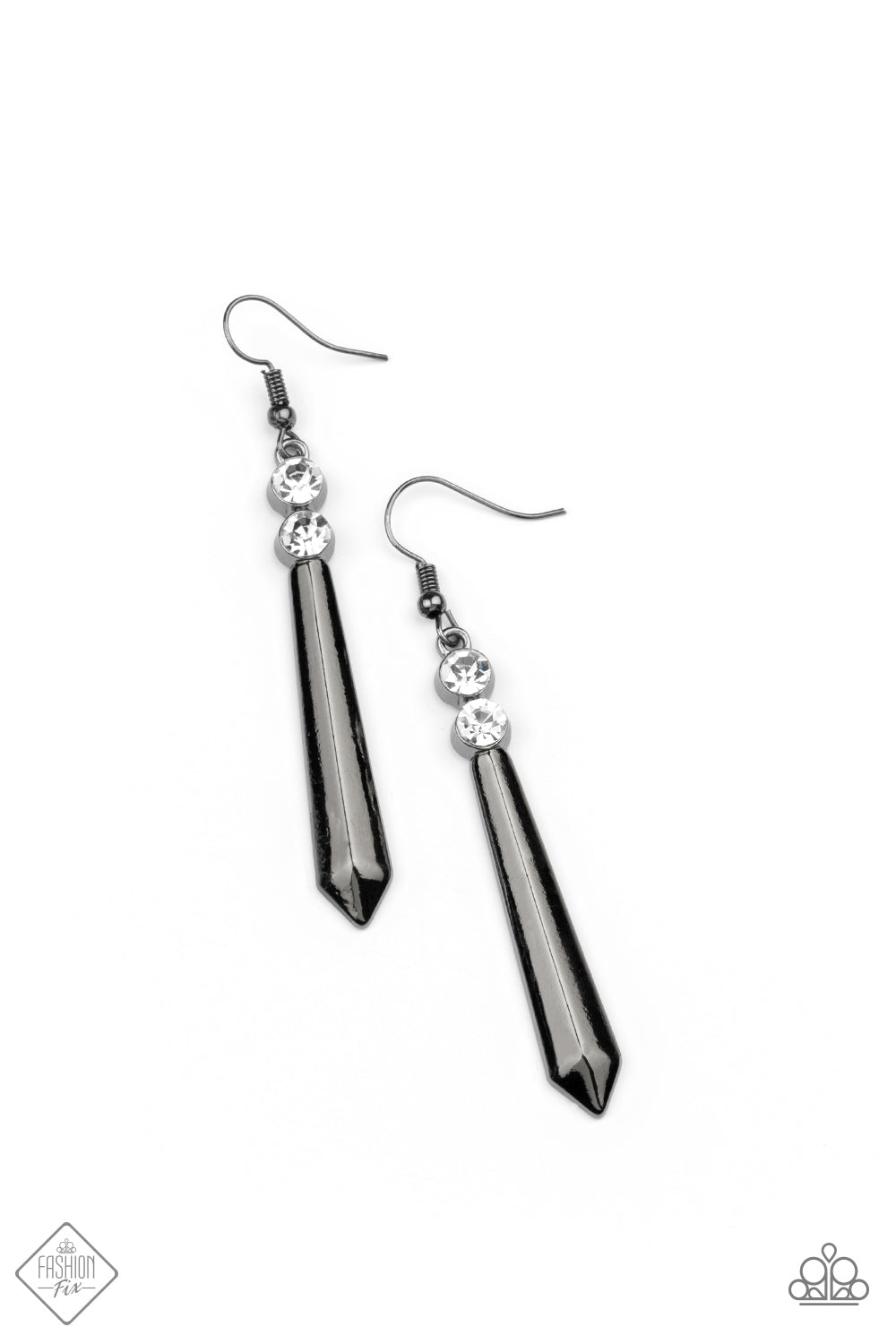 Sparkle Stream Black Earring - Paparazzi Accessories A pair of glittery white rhinestones crowns a flared gunmetal rod, creating a sharp-looking lure. Earring attaches to a standard fishhook fitting. All Paparazzi Accessories are lead free and nickel free! Sold as one pair of earrings.