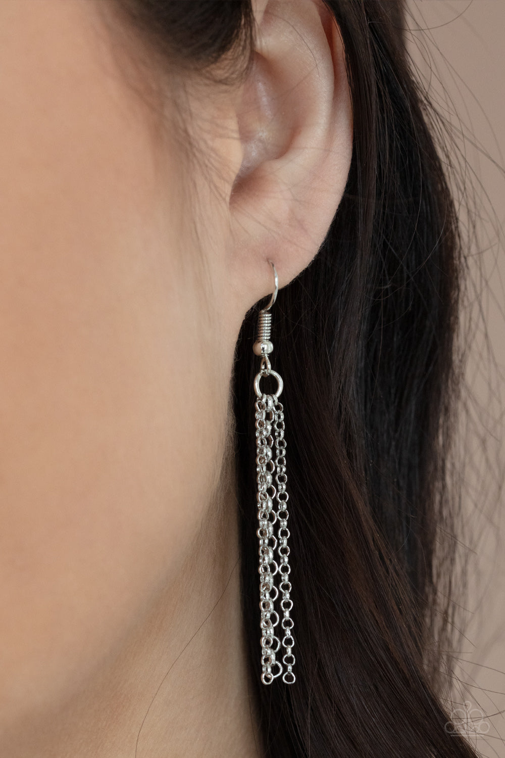 Palm Promenade Silver Necklace - Paparazzi Accessories Infused with silver beaded accents, a lifelike silver palm leaf frame attaches to the bottom of a shimmery silver chain. A silver chain tassel swings from the bottom, adding flirtatious movement to the summery statement piece. Features an adjustable clasp closure. Sold as one individual necklace. Includes one pair of matching earrings.