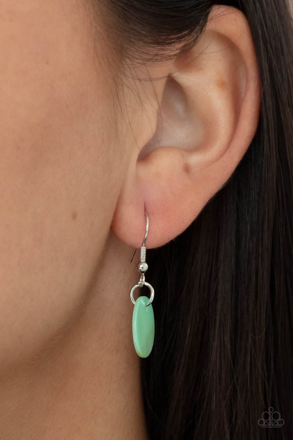 Tidal Tease Green Necklace - Paparazzi Accessories. Featuring a glistening iridescence, an Green Ash shell-like disc attaches to a shiny silver frame at the bottom of a lengthened silver chain, creating a summery pendant. Features an adjustable clasp closure. All Paparazzi Accessories are lead free and nickel free! Sold as one individual necklace. Includes one pair of matching earrings.