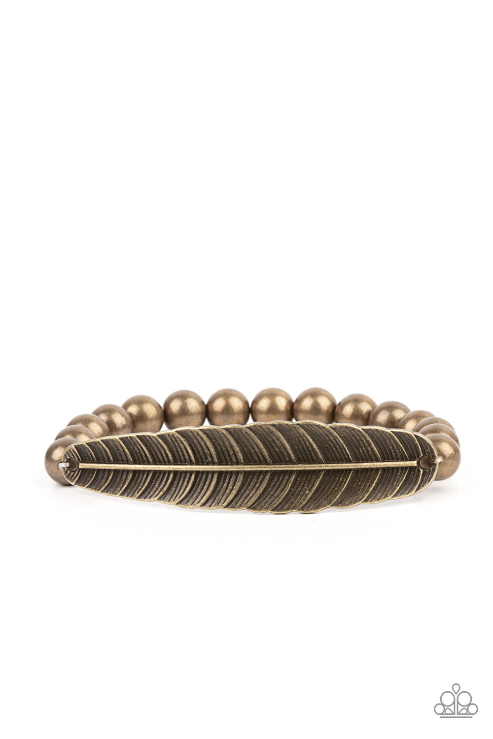 Featherlight Fashion Brass Bracelet - Paparazzi Accessories. Infused with a lifelike brass feather frame, a row of rustic brass beads are threaded along stretchy bands around the wrist for a seasonal fashion. All Paparazzi Accessories are lead free and nickel free! Sold as one individual bracelet.