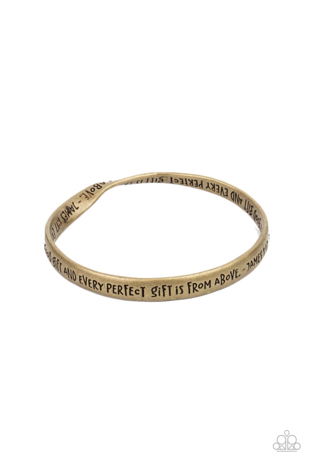 Perfect Present Brass Bangle Bracelet - Paparazzi Accessories Featuring a subtle twist, a burnished brass bangle is engraved in the biblical passage, "Every good gift and every perfect gift is from above.--James 1:17," for an inspirational finish. All Paparazzi Accessories are lead free and nickel free! Sold as one individual bracelet.