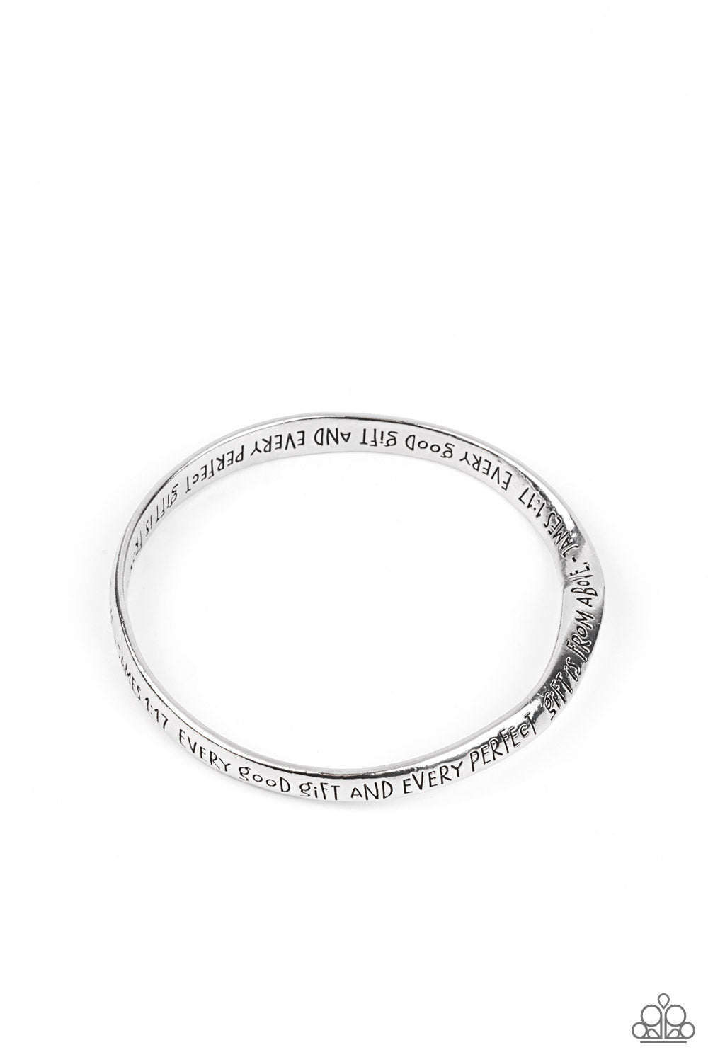 Perfect Present Silver Bangle Bracelet - Paparazzi Accessories Featuring a subtle twist, a silver bangle is engraved in the biblical passage, "Every good gift and every perfect gift is from above.--James1:17," for an inspirational finish. Sold as one individual bracelet.