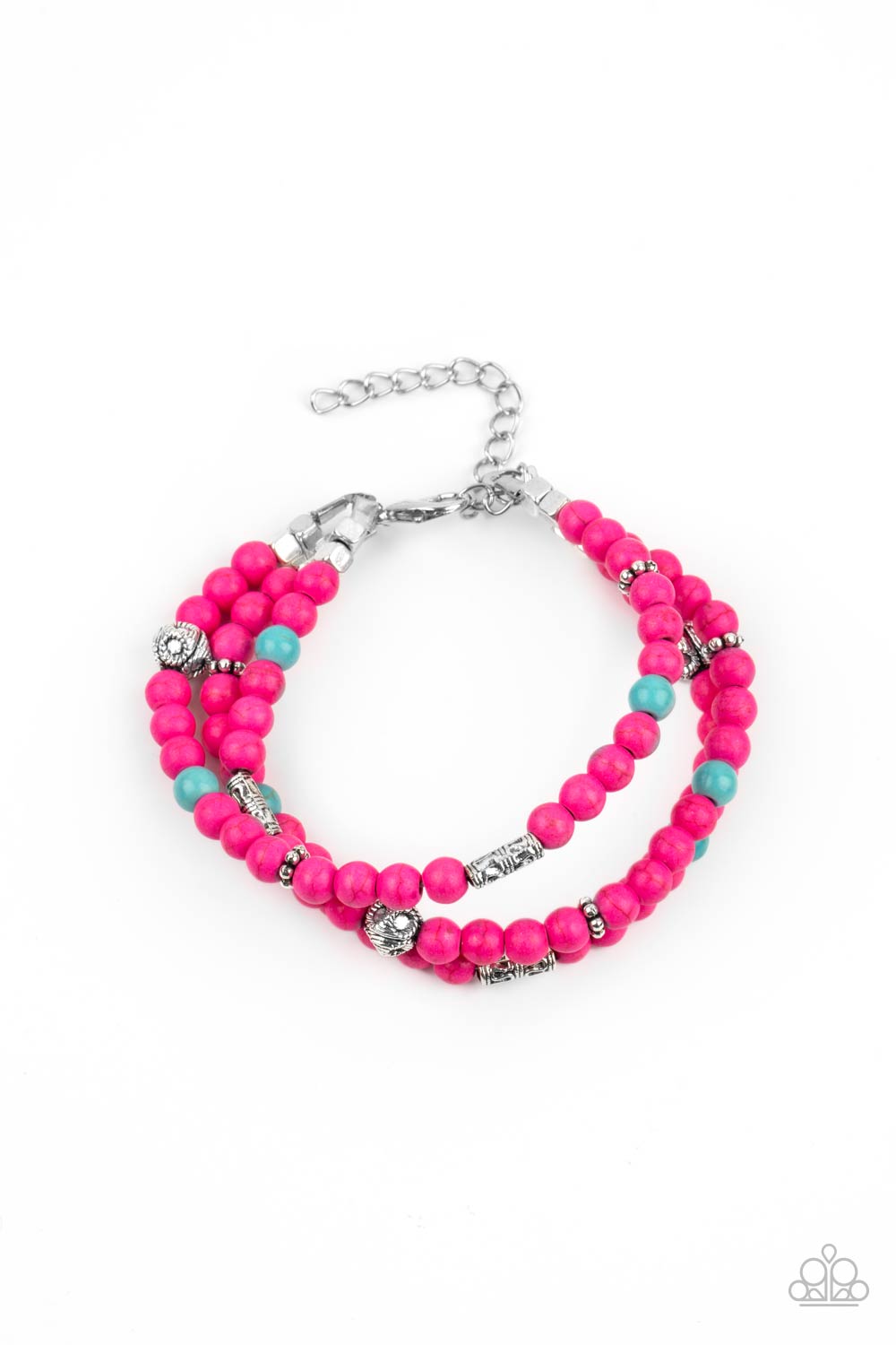 Desert Decorum Pink Bracelet - Paparazzi Accessories. A collection of pink and turquoise stone beads, silver cube beads, and ornate silver accents are threaded along invisible bands around the wrist, creating vivacious layers. Features an adjustable clasp closure. All Paparazzi Accessories are lead free and nickel free! Sold as one individual bracelet.