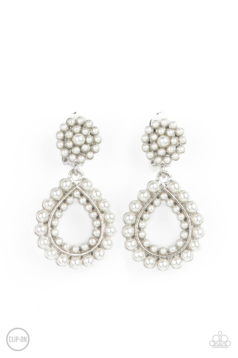 Discerning Droplets White Clip-On Earring - Paparazzi Accessories Droplets of pearls dot the surface of a silver teardrop frame that suspends from a round pearl encrusted disc for a classic finish. Earring attaches to a standard clip-on fitting. All Paparazzi Accessories are lead free and nickel free! Sold as one pair of clip-on earrings.