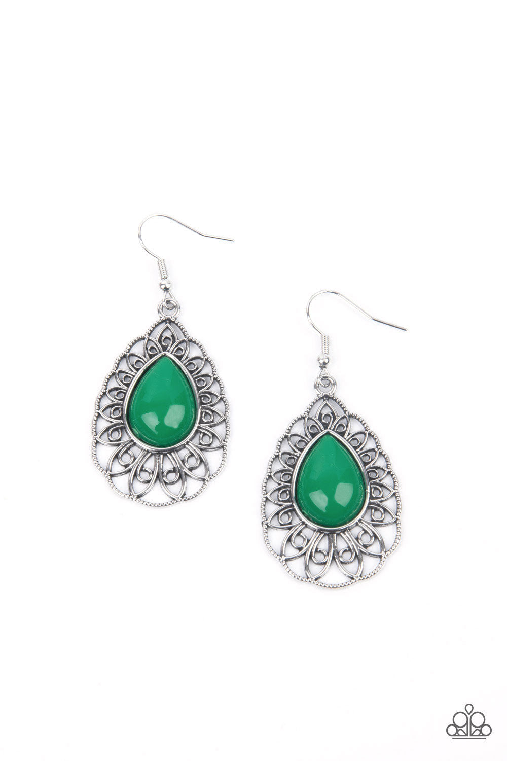 Dream STAYCATION Green Earring - Paparazzi Accessories A shiny Mint teardrop bead is pressed into the center of an airy silver teardrop frame radiating with ornate petals for a whimsical finesse. Earring attaches to a standard fishhook fitting. All Paparazzi Accessories are lead free and nickel free! Sold as one pair of earrings.